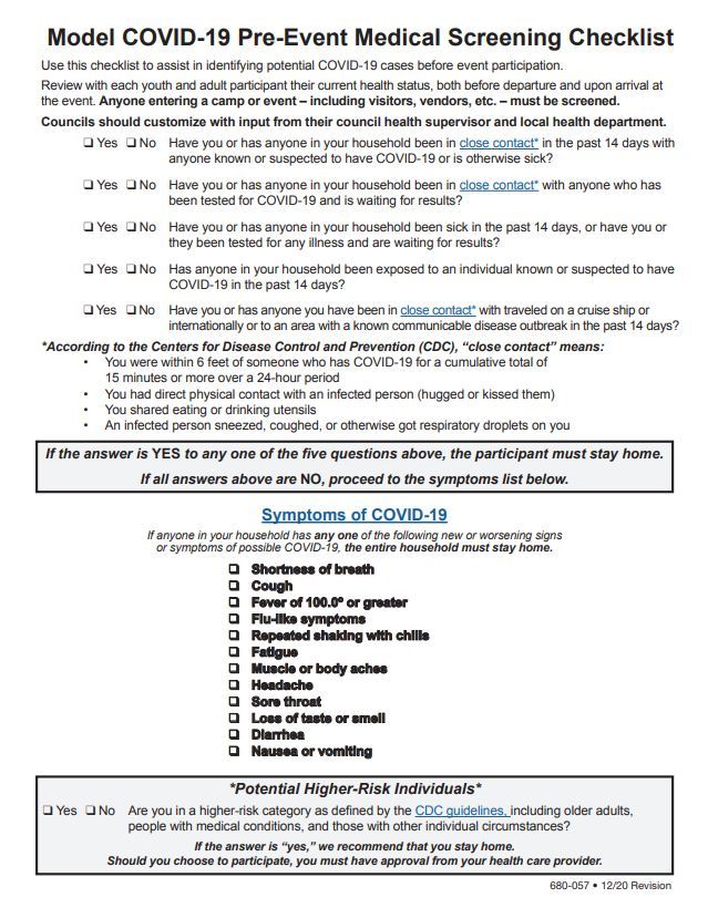 COVID 19 medical screening checklist